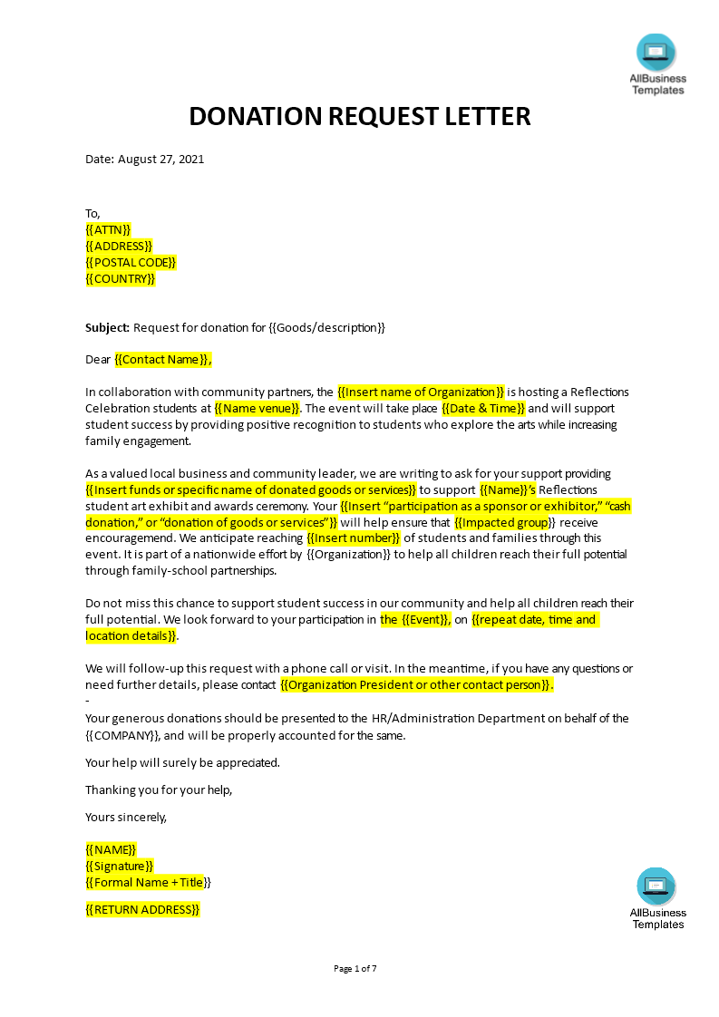 sample letter asking for donations Hauptschablonenbild