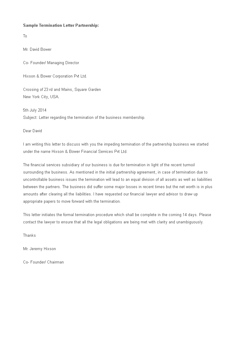 sample partnership termination letter template