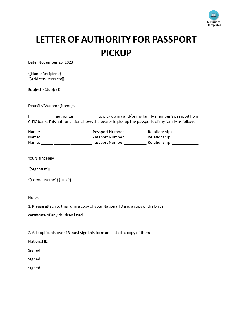 letter of authorization for passport pick up template