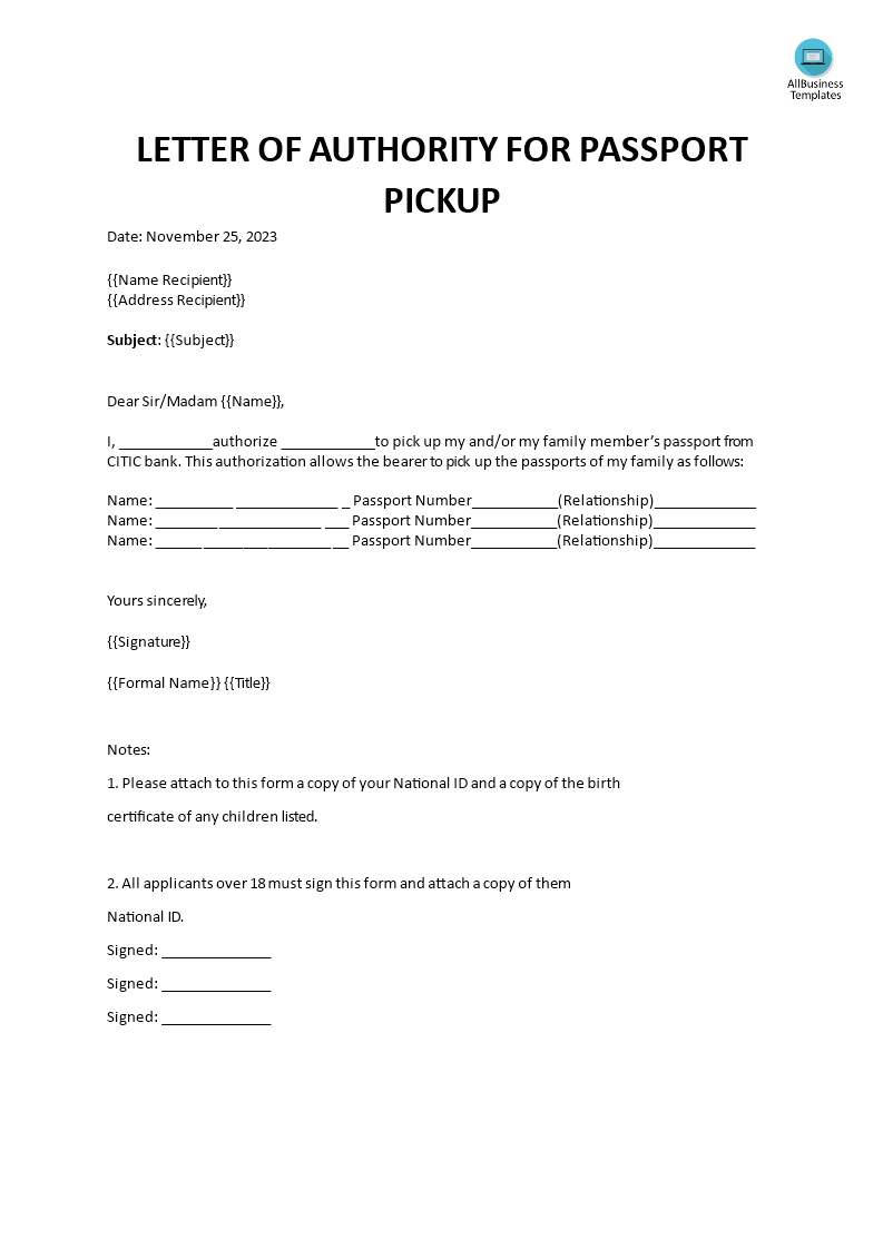 letter of authorization for passport pick up modèles