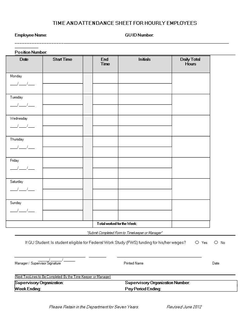 hourly employee time sheet template