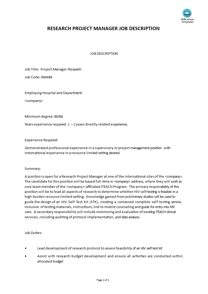 research project manager job description template