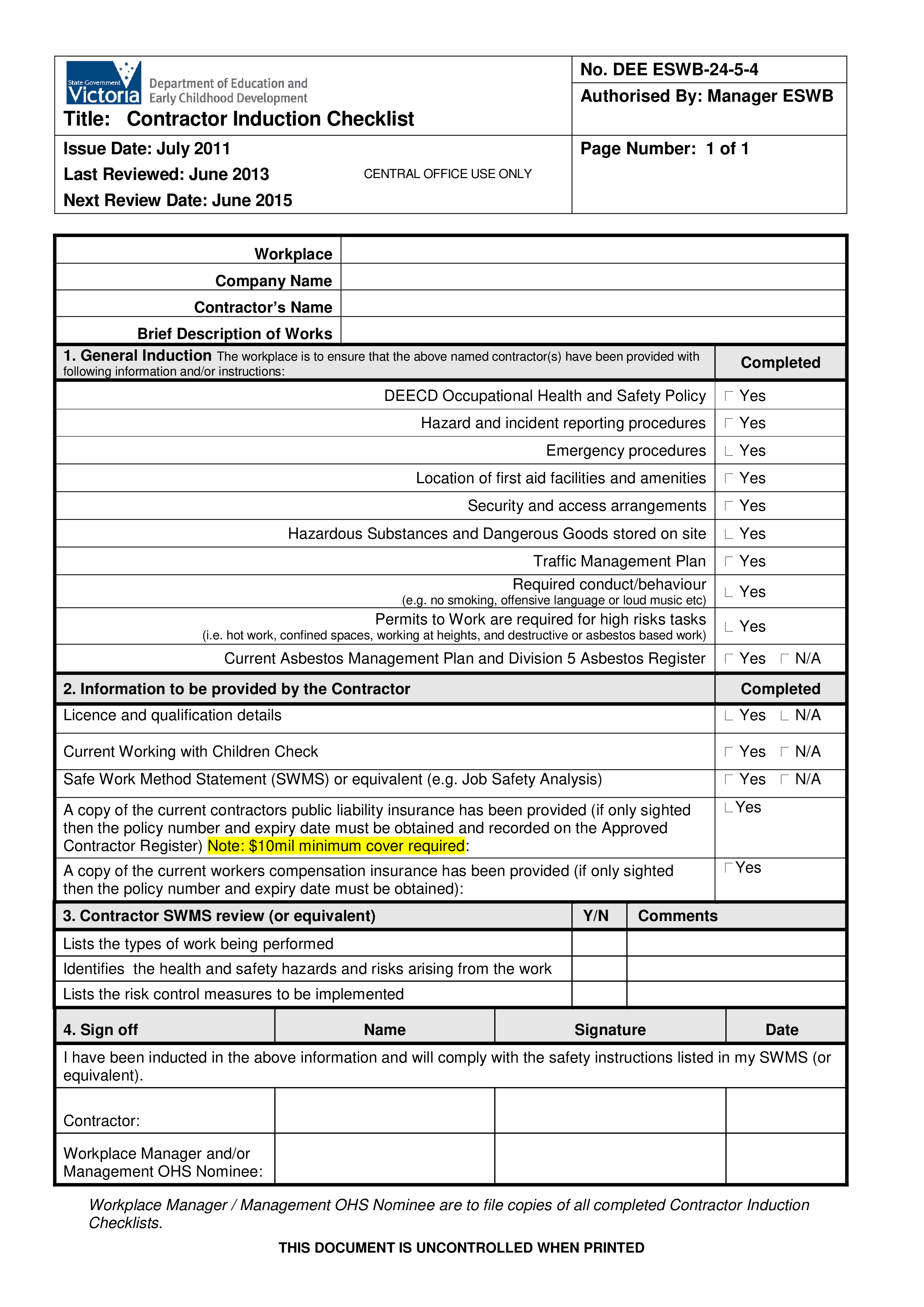 contractor induction checklist Hauptschablonenbild