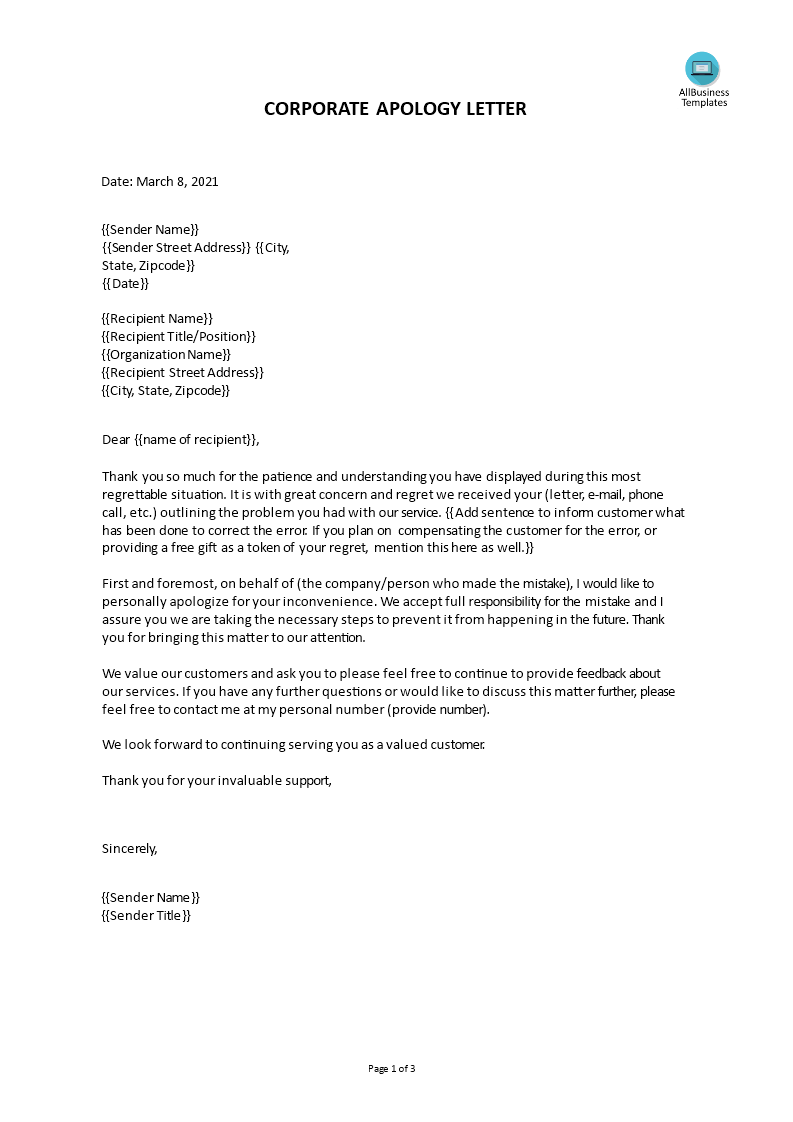 corporate apology letter template