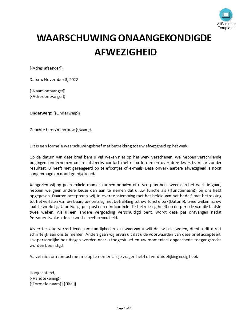 waarschuwingsbrief werknemer modèles