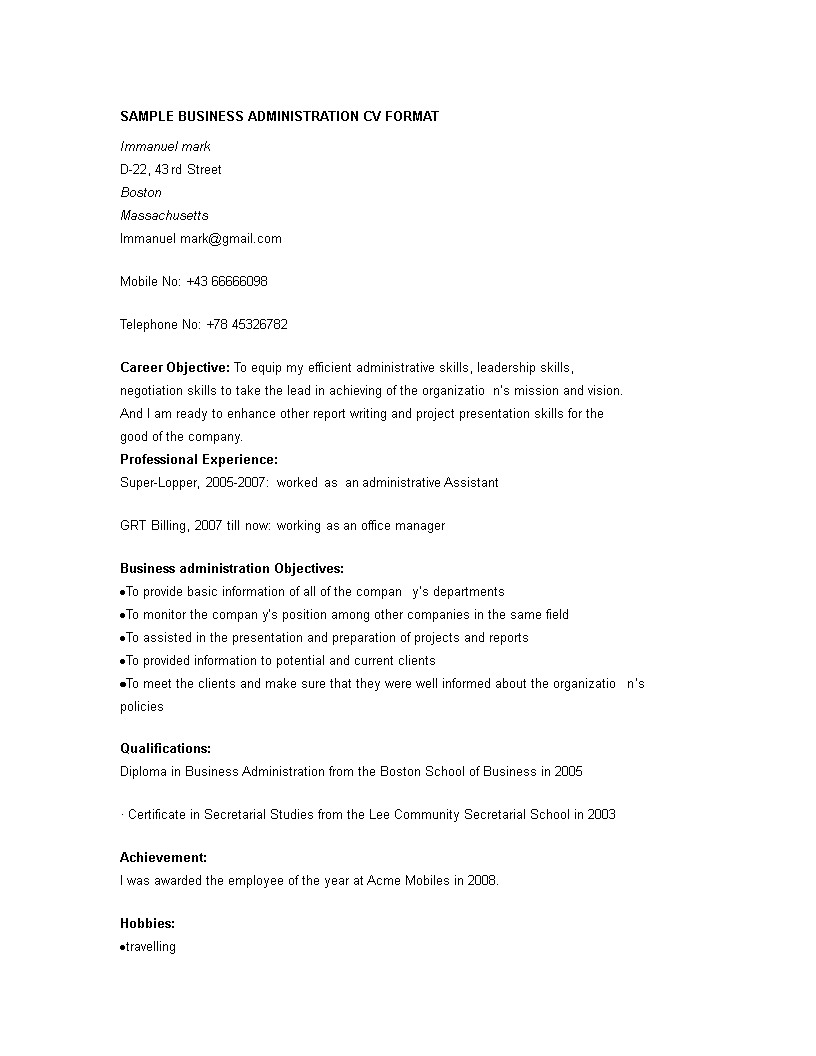 business administration cv format template