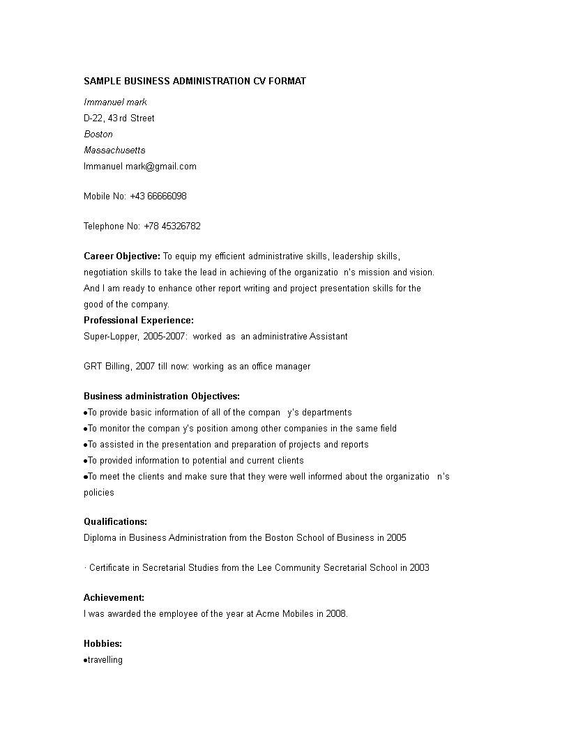 Business Administration CV Format main image