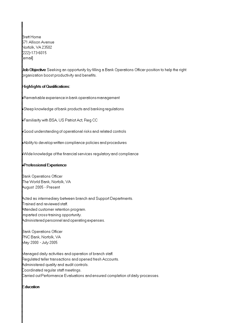 banking operations officer cv sample template