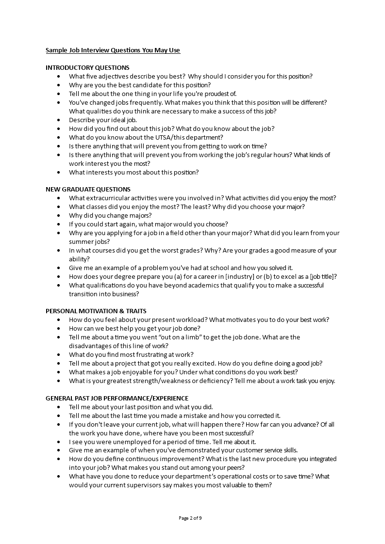 Job Interview Questionnaire Templates at