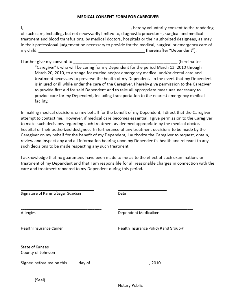 medical consent form for caregiver modèles