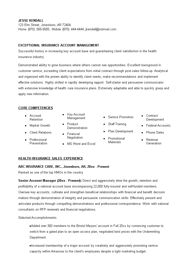 insurance account manager resume modèles