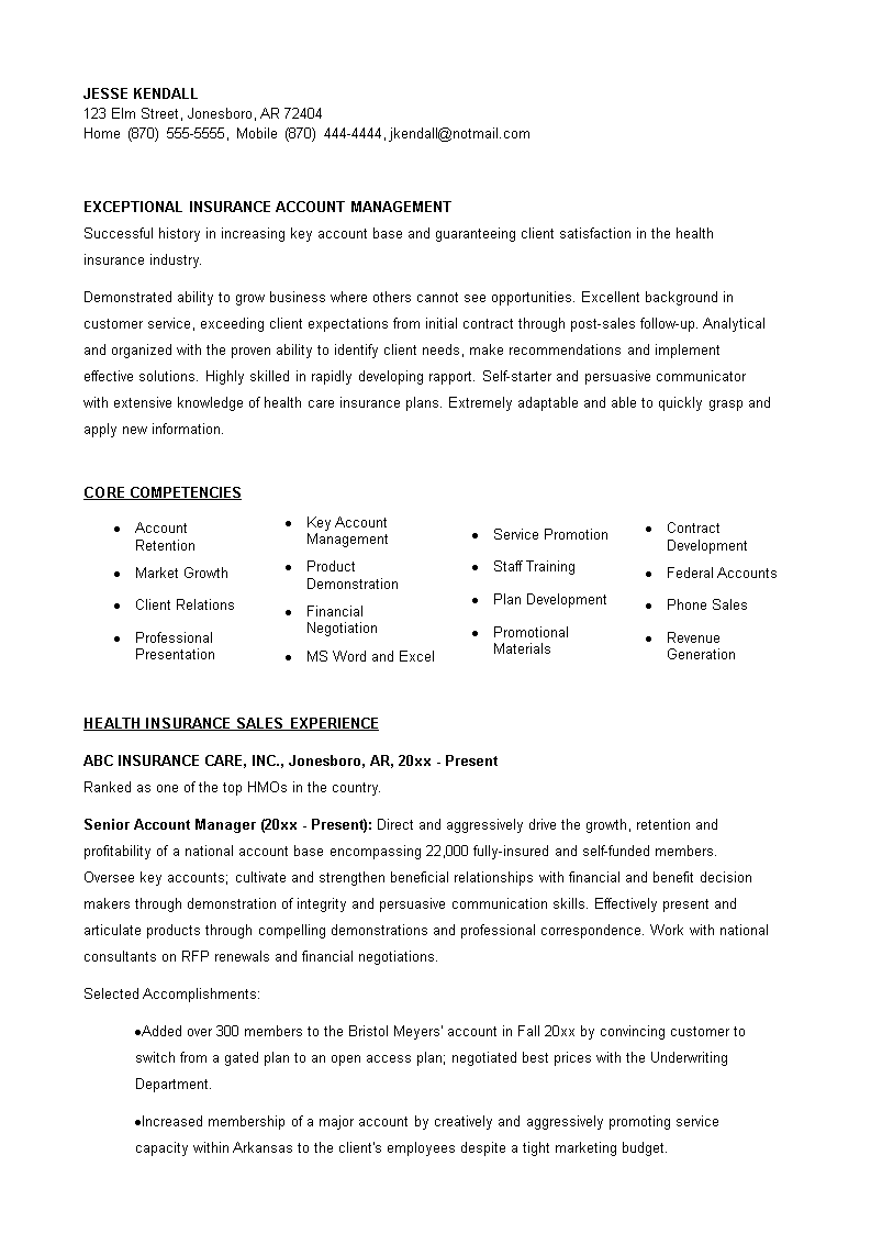  Insurance Account Manager Resume Allbusinesstemplates