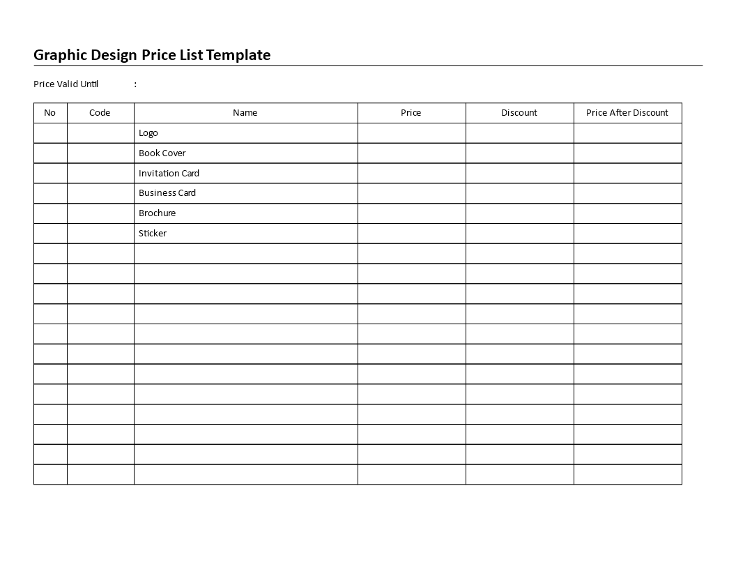 graphic design price list template