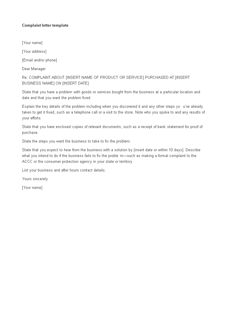 complaint letter purchased product template