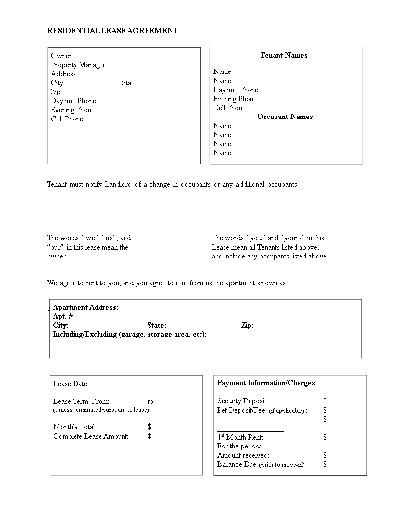 Printable Residential Lease Agreement 模板