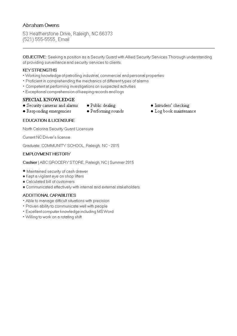 security guard resume for fresher template