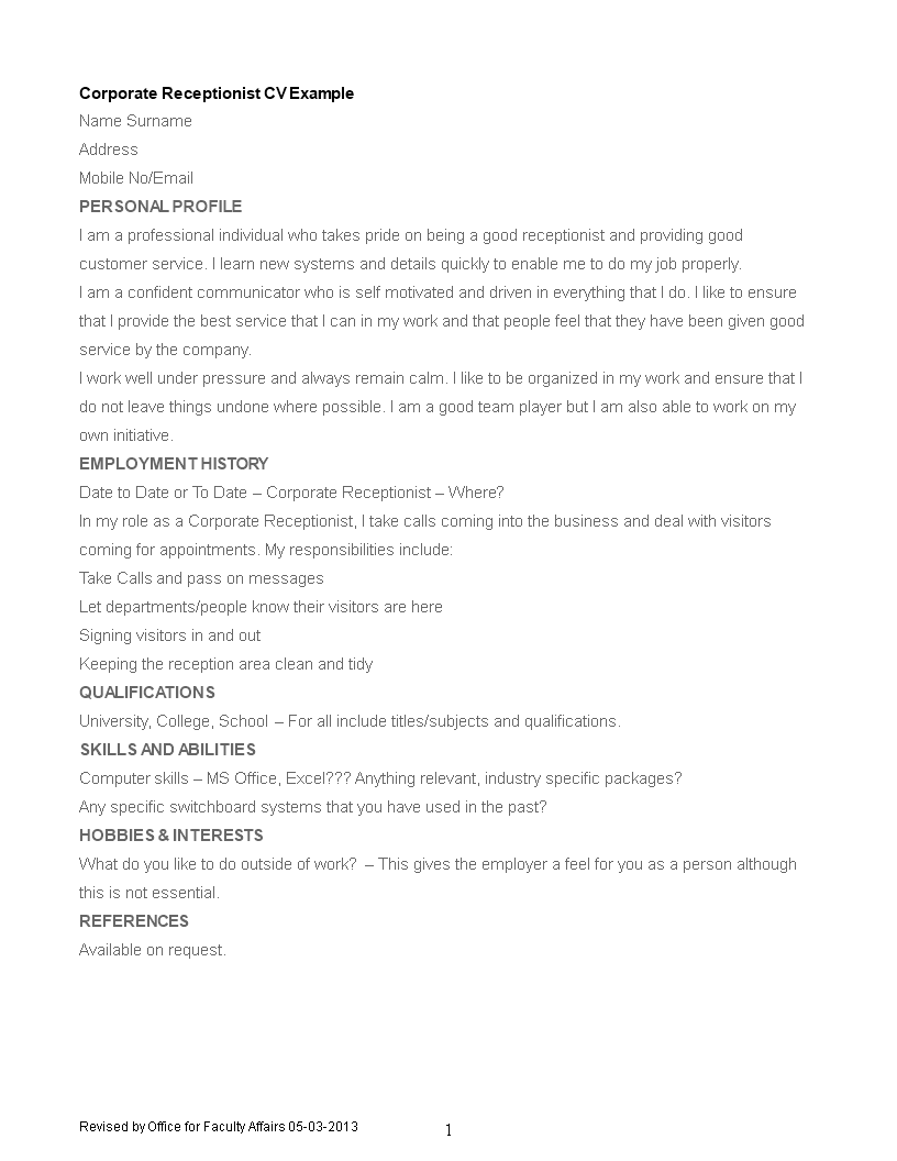 corporate receptionist curriculum vitae modèles