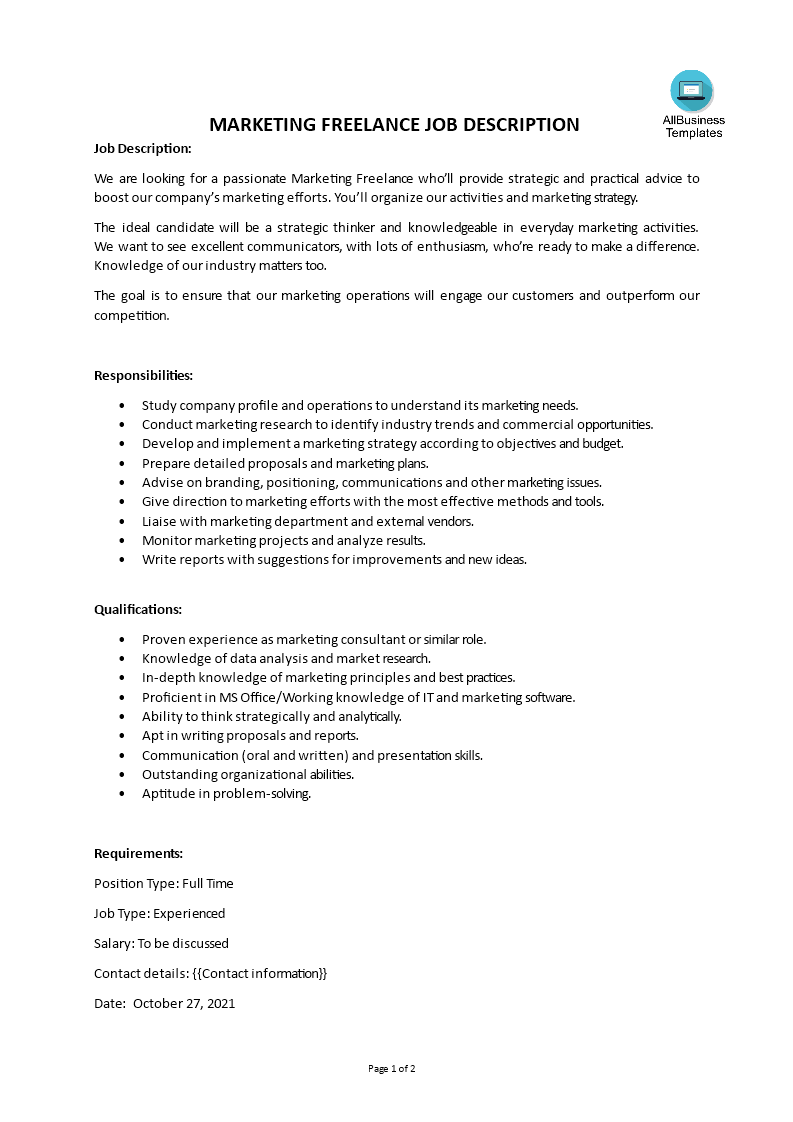 marketing freelance job description plantilla imagen principal