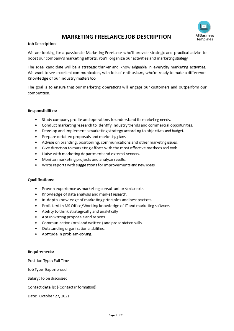 marketing freelance job description template