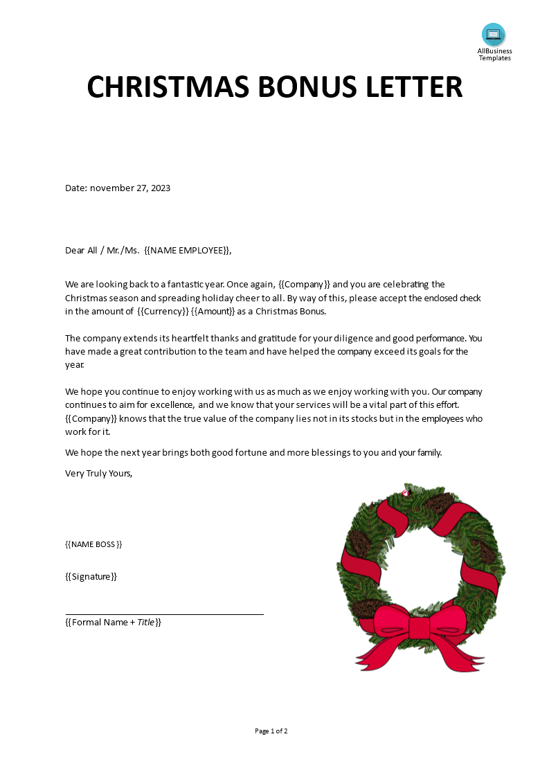 Christmas Bonus Letter  Templates at allbusinesstemplates.com Intended For Christmas Letter Templates Microsoft Word