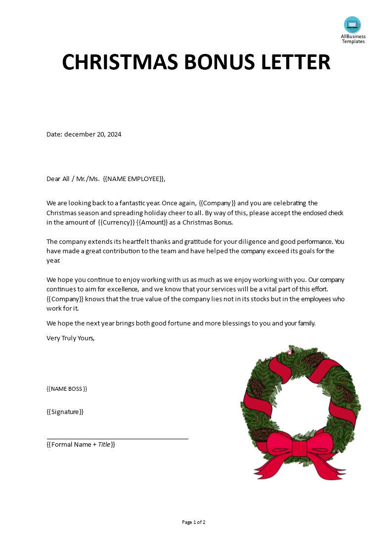 Christmas Bonus Letter  Templates at allbusinesstemplates.com