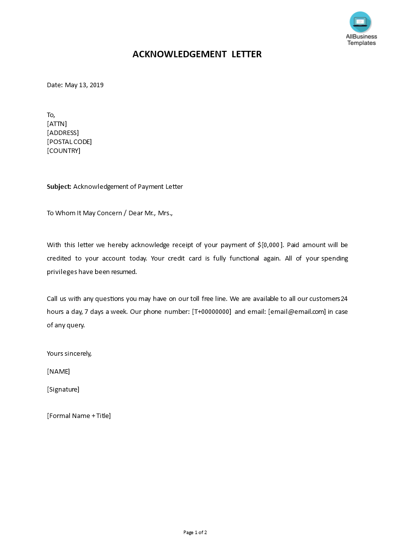 acknowledgement letter of payment template