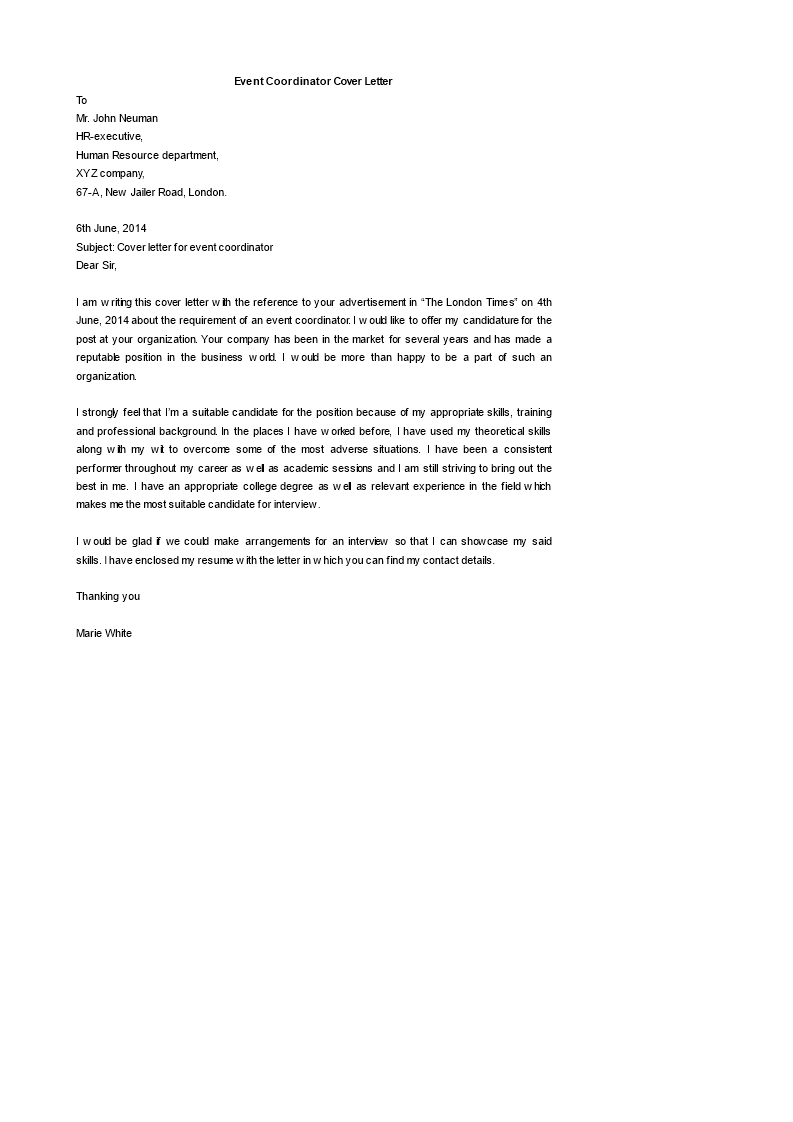 cover letter for event manager sample