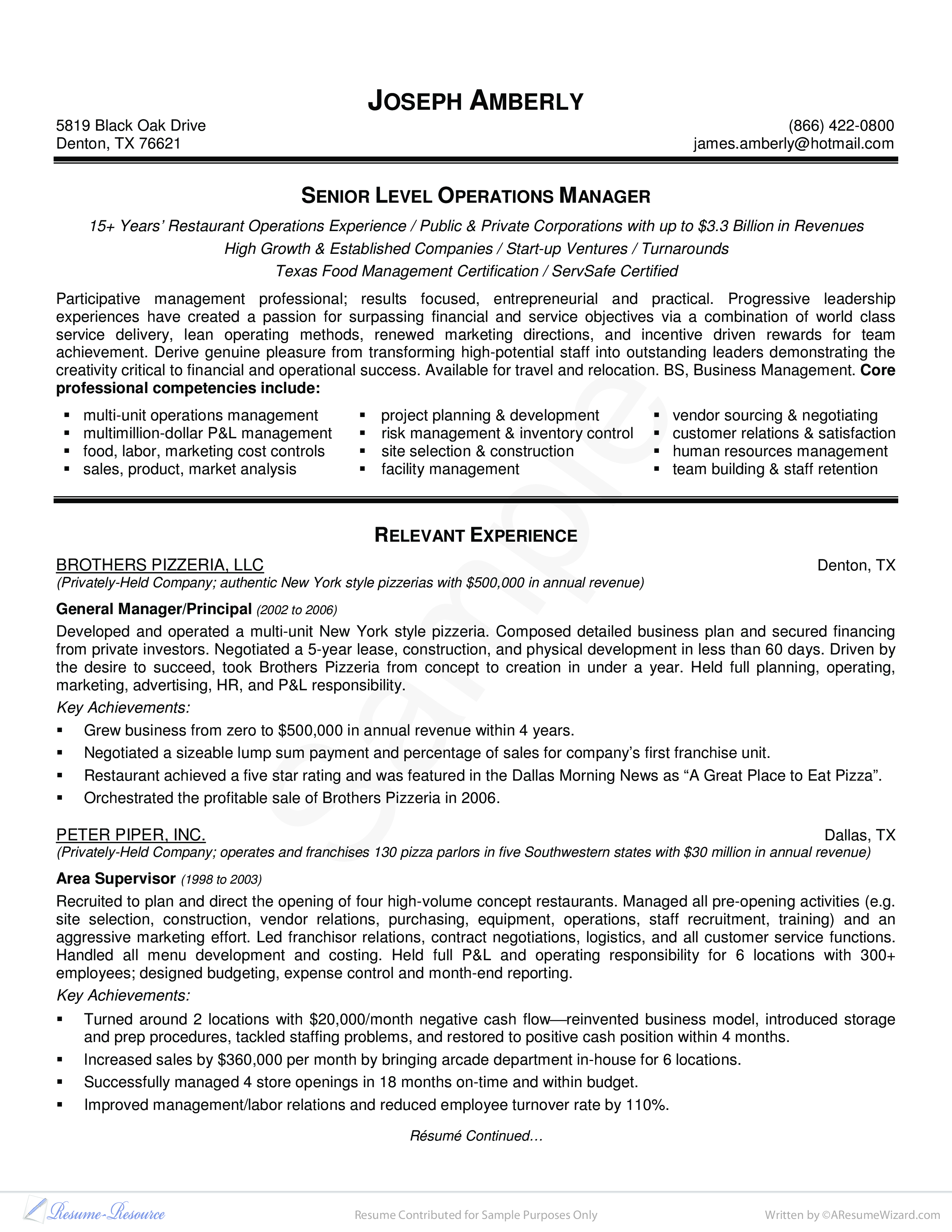 Free Operations Manager Resume Sample Templates At