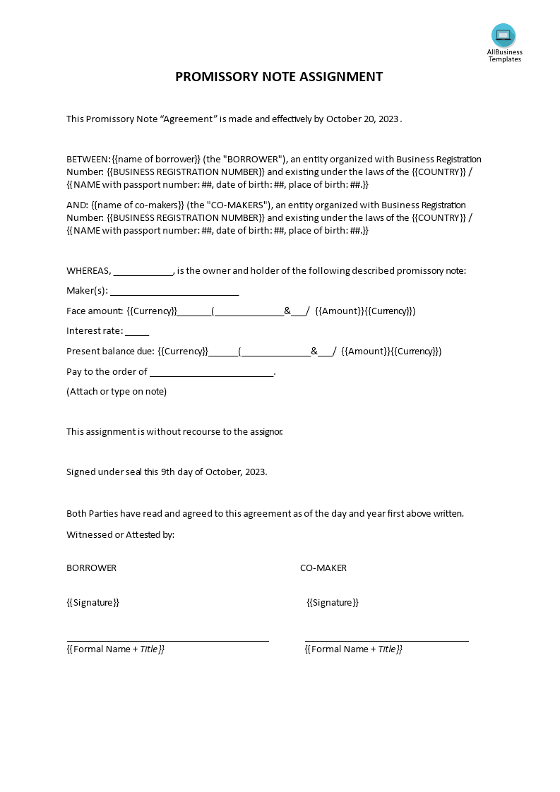 promissory note assignment modèles