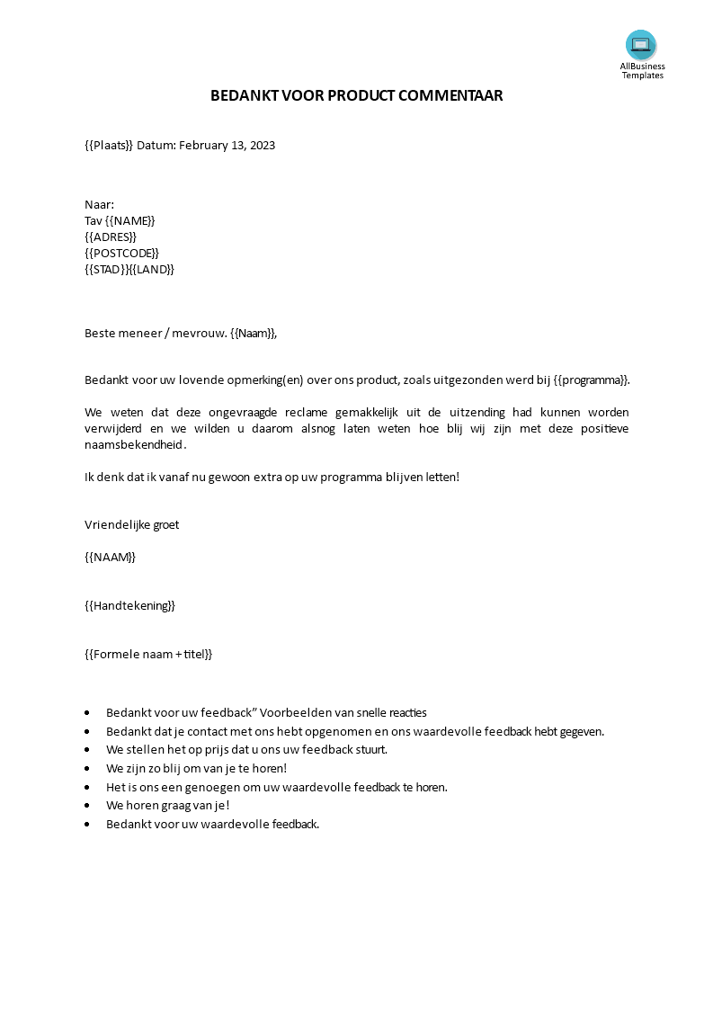 bedankbrief voor commentaar template