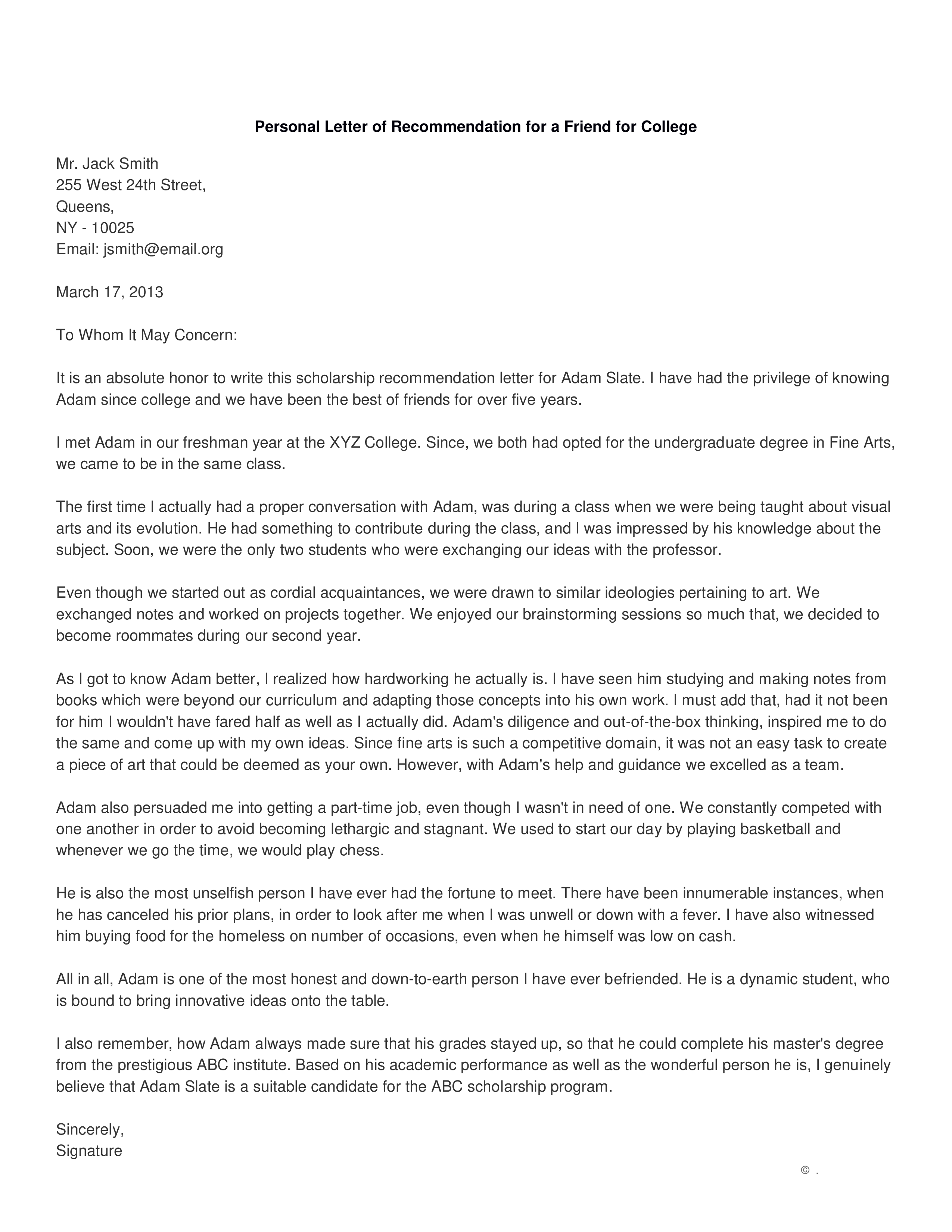 personal letter of recommendation for a friend for college template