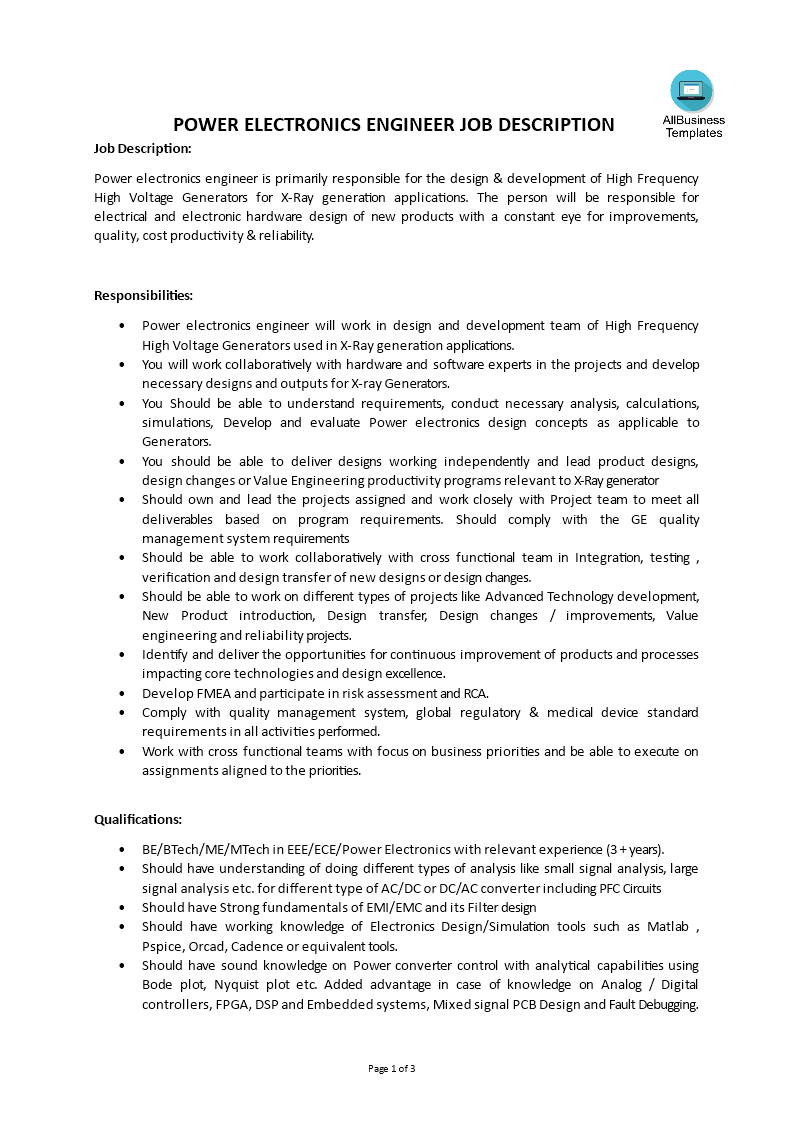 power electronics engineer job description modèles