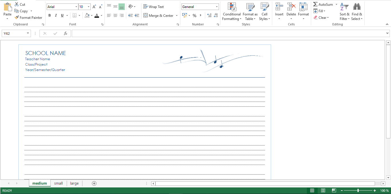 Music notes paper in Excel 模板