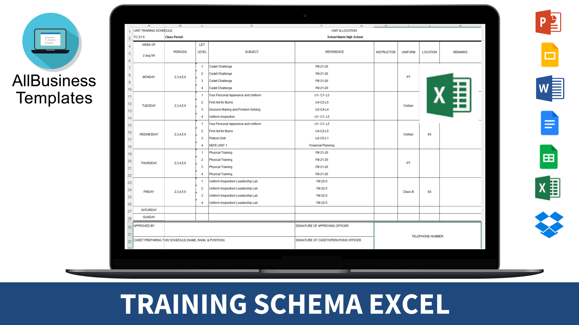 training schema excel modèles