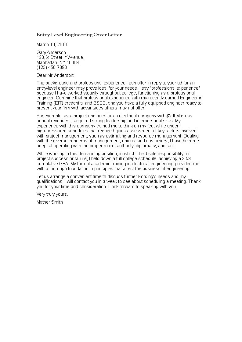 Entry Level Engineering Cover Letter main image