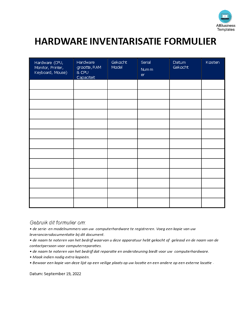 Computer Hardware Inventaris Formulier 模板