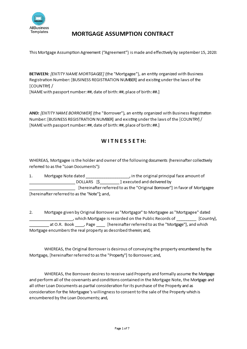 kasunduan sa pagpapalagay ng mortgage template