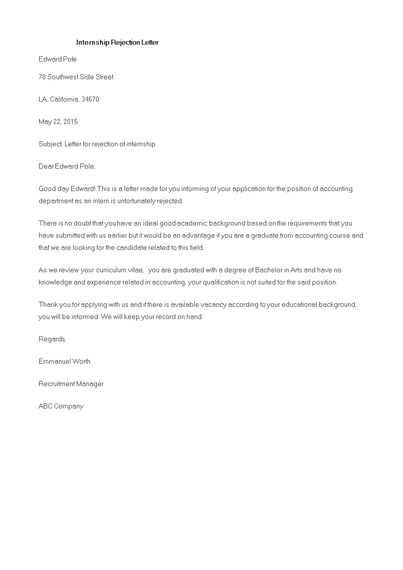 rejection letter for accounting internship modèles
