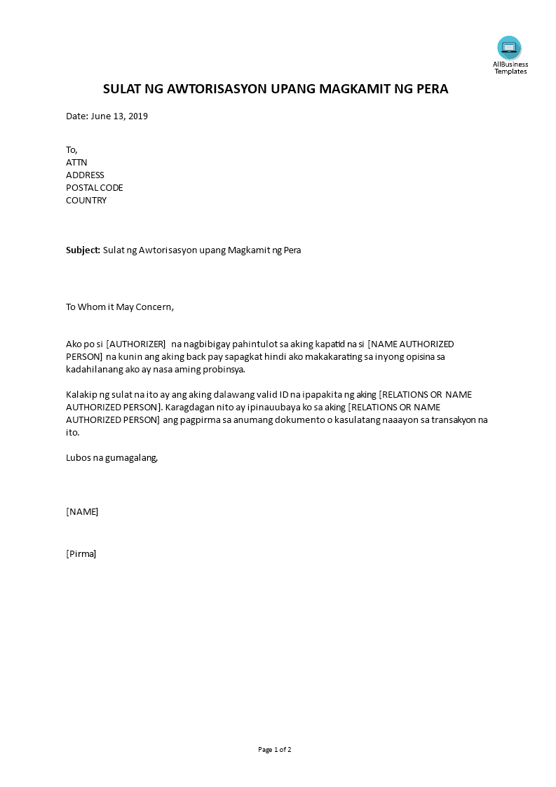 Sulat Ng Awtorisasyon Upang Magkamit Ng Pera Templates At tagalog-na-authorization-letter-cho-rolly-pdf