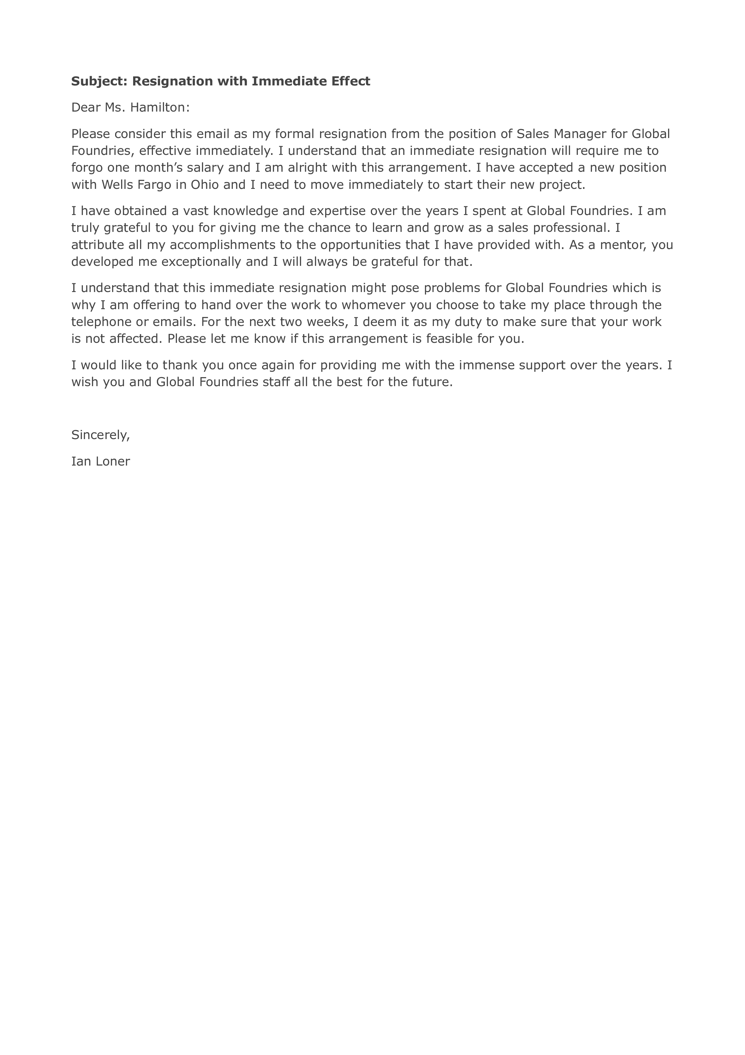 immediate resignation letter by email template