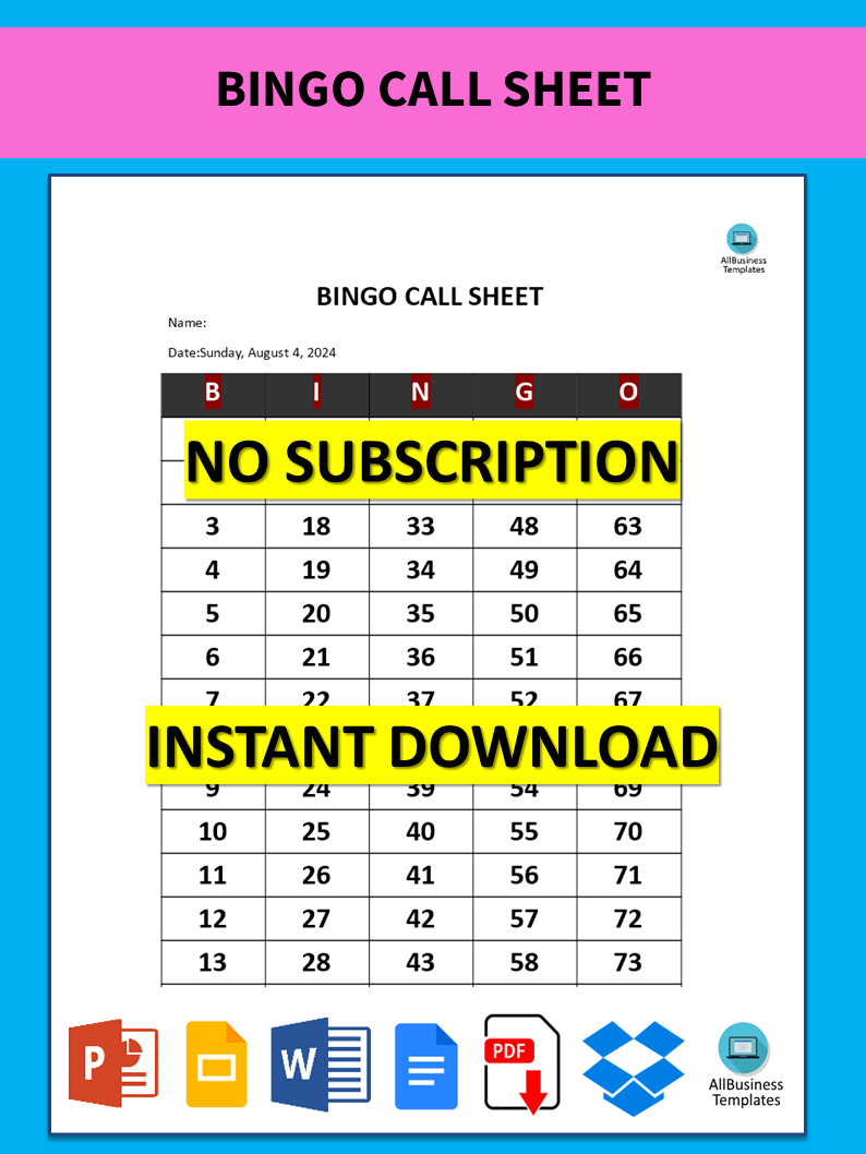 bingo call sheet voorbeeld afbeelding 