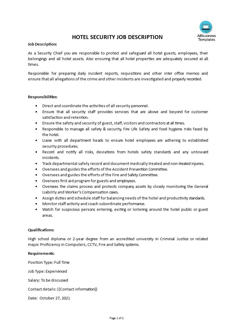 hotel security job description template