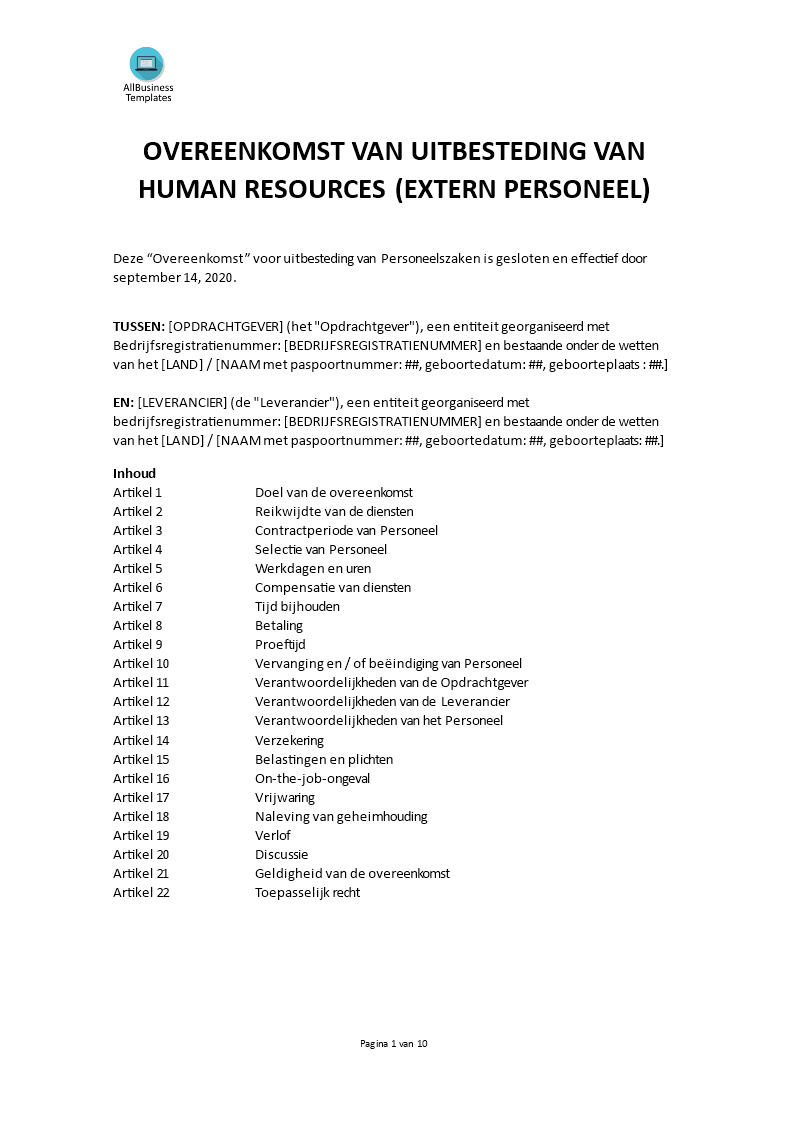 human resource outsourcing overeenkomst plantilla imagen principal