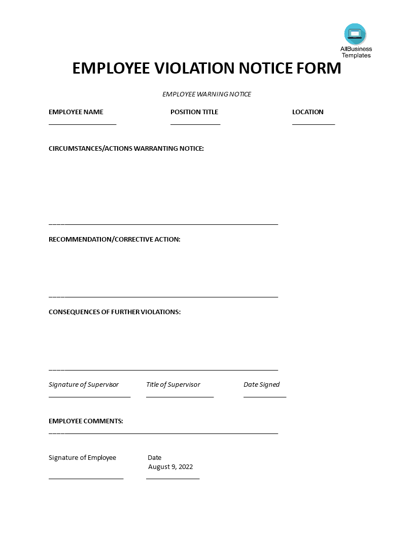 employee violation warning notice modèles