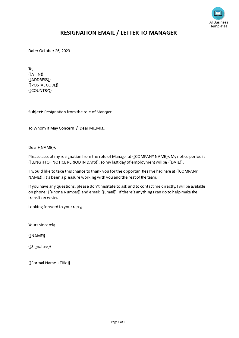 Employment Resignation Letter As Manager Templates At Allbusinesstemplates Com