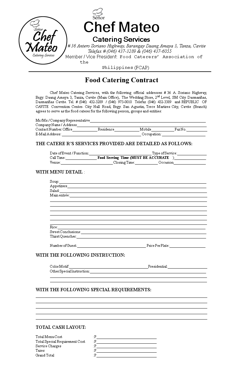 Food Catering Contract Templates At Allbusinesstemplates