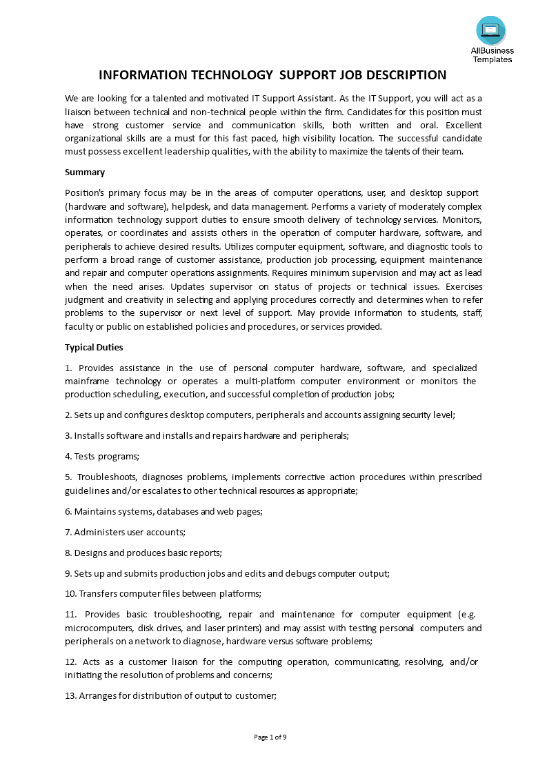 it support generic job description template