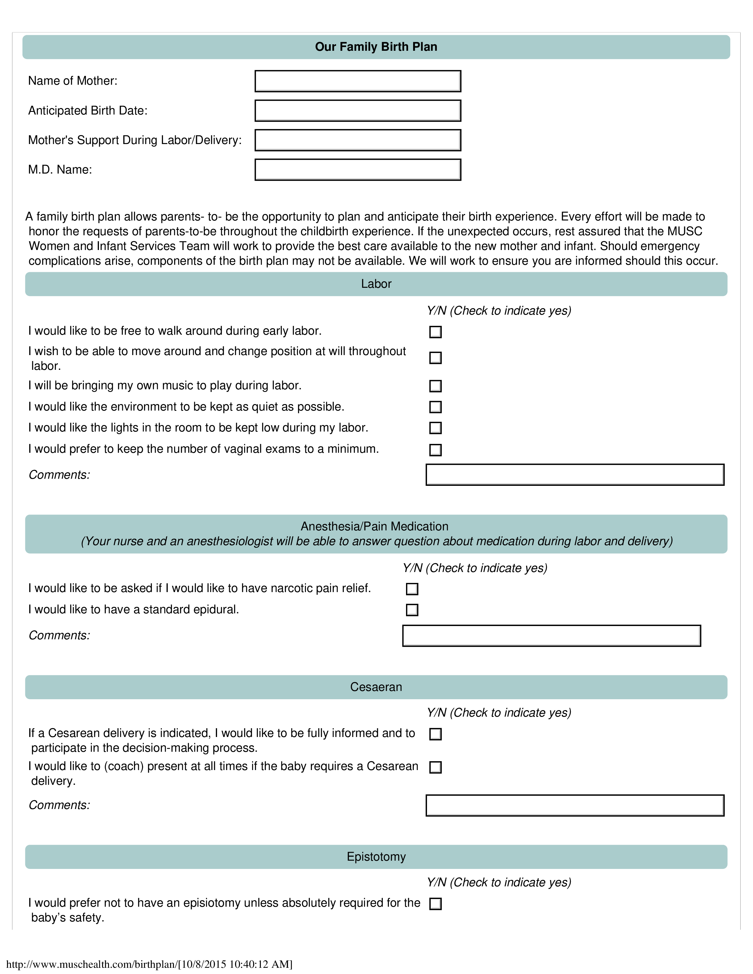 family birth plan template