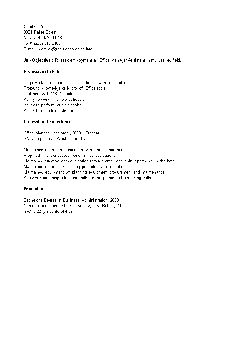 Office Manager Assistant Resume 模板