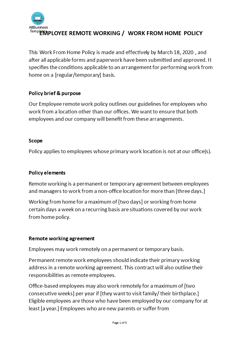 Work From Home Policy Templates At Allbusinesstemplates